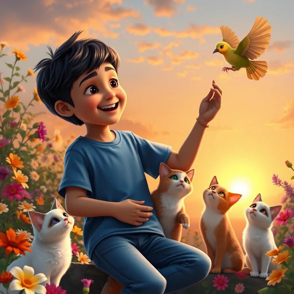 A young Arab boy, منصور, with short black hair in a blue t-shirt and jeans, celebrating with his three cats after helping the bird, surrounded by colorful flowers and a beautiful sunset, heartwarming scene, rich golden hues, fantasy, digital art