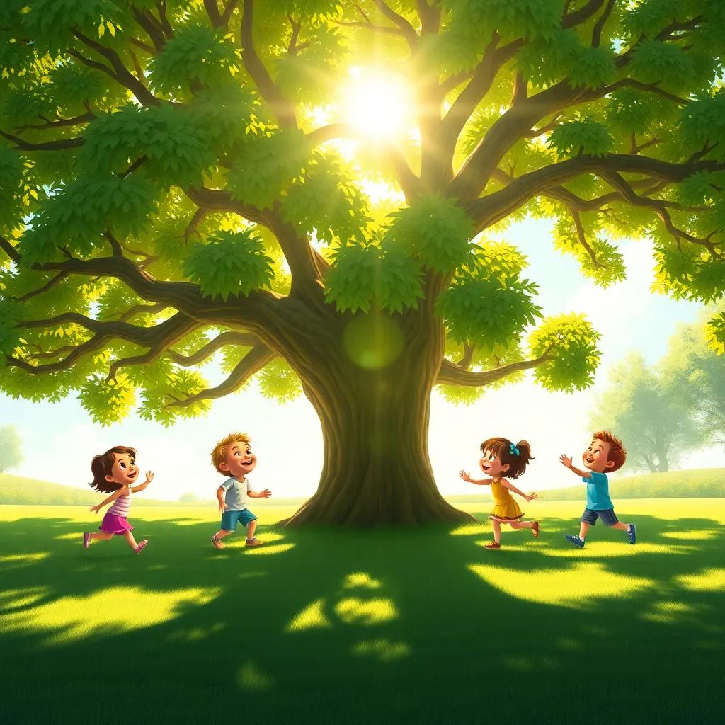 A big green tree casting beautiful shadows, children laughing and playing under it, sunny day, vibrant colors, cheerful atmosphere, high quality
