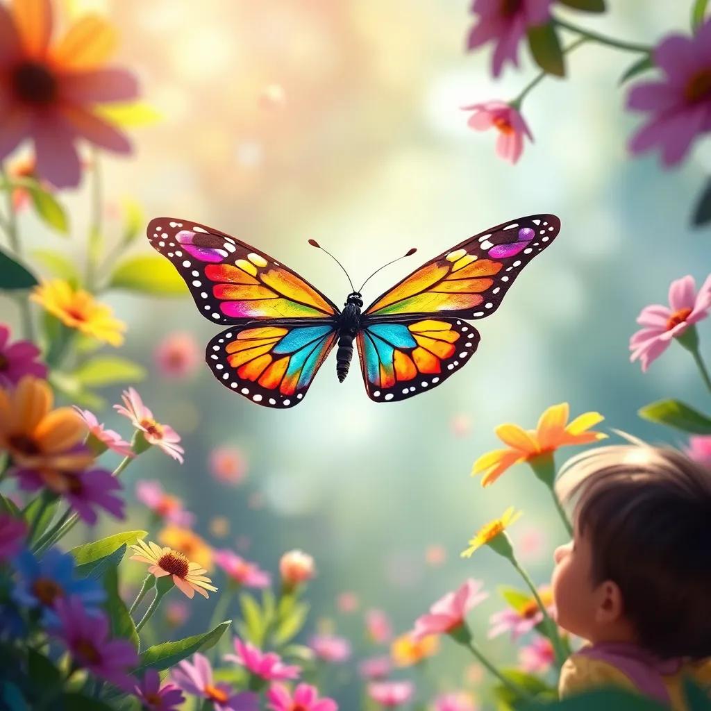 A colorful butterfly fluttering among flowers, bright colors shining in the sunlight, kids trying to catch it carefully, enchanting scene, colorful and lively