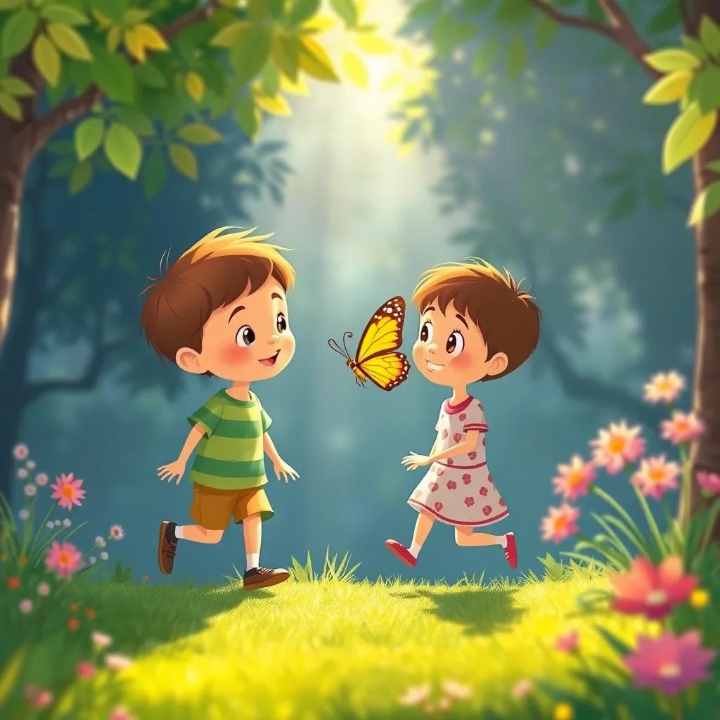 Children gently following the butterfly, shadows dancing in sunlight, colorful environment around them, joyful atmosphere, cheerful illustration