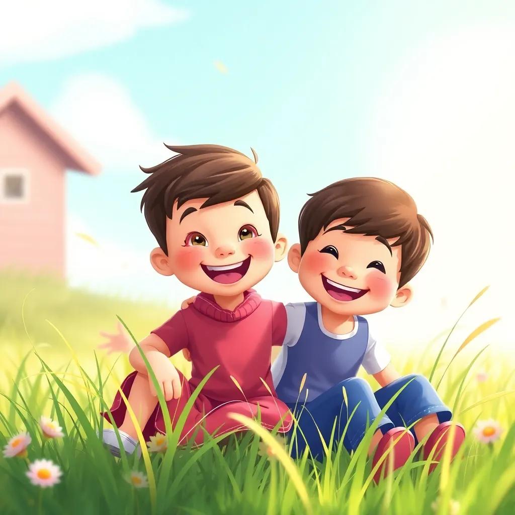 A gentle breeze moving the grass, children smiling and feeling content, playful atmosphere, colorful and inviting scene, artistic