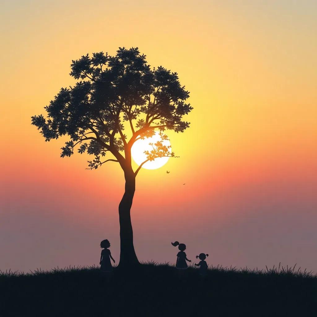 Long shadows of the tree and children as the sun sets, symbolizing dreams and joy, beautiful evening sky, peaceful illustration