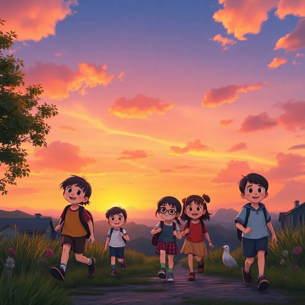 The evening sky with shades of orange and purple, children heading home with smiles, memories of their day linger in their hearts, beautiful scenery