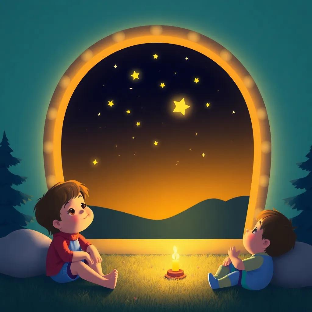 A warm and cozy night falling, stars beginning to appear, children's hearts filled with joy from the day, serene and inviting atmosphere