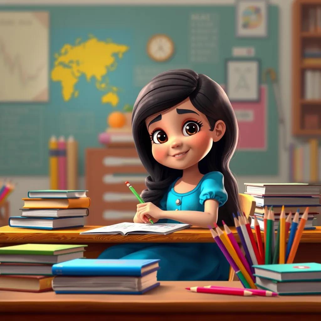 A young Arab girl, منى, with long black hair, wearing a bright blue dress, sitting at a desk surrounded by math books and colorful pencils, focused and happy, digital art, cheerful atmosphere, warm colors, high quality