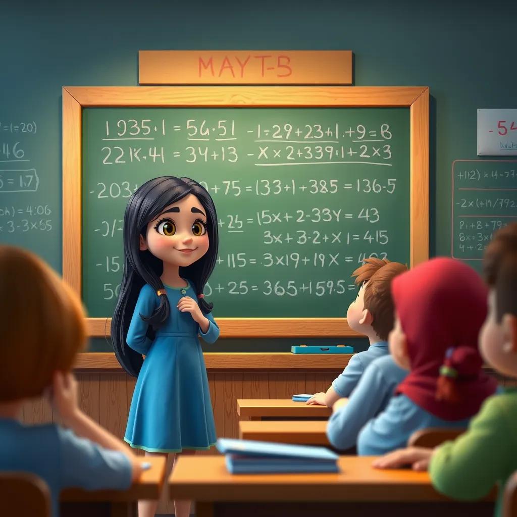 منى, a young Arab girl with long black hair in a blue dress, confidently solving math problems on a chalkboard in front of classmates, focused atmosphere, vibrant colors, cheerful mood, high quality