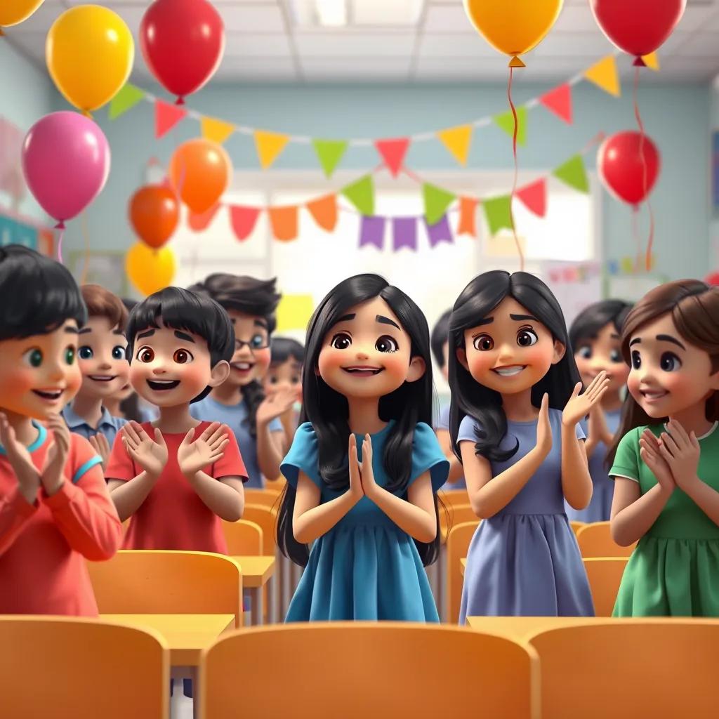 A group of students, including منى, a young Arab girl with long black hair in a blue dress, clapping and smiling in a classroom filled with balloons and celebration decorations, joyful energy, bright colors, heartwarming scene, high quality
