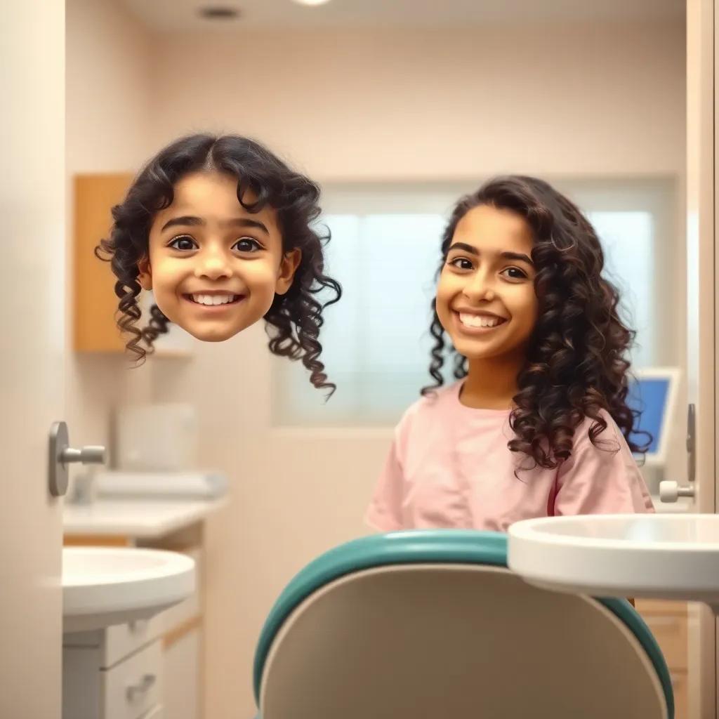 A young Arab girl, Mona, with curly black hair, wearing a light pink dress, entering the dental room, where a friendly dentist smiles at her, bright lights, clean and friendly environment, happy expressions, high quality