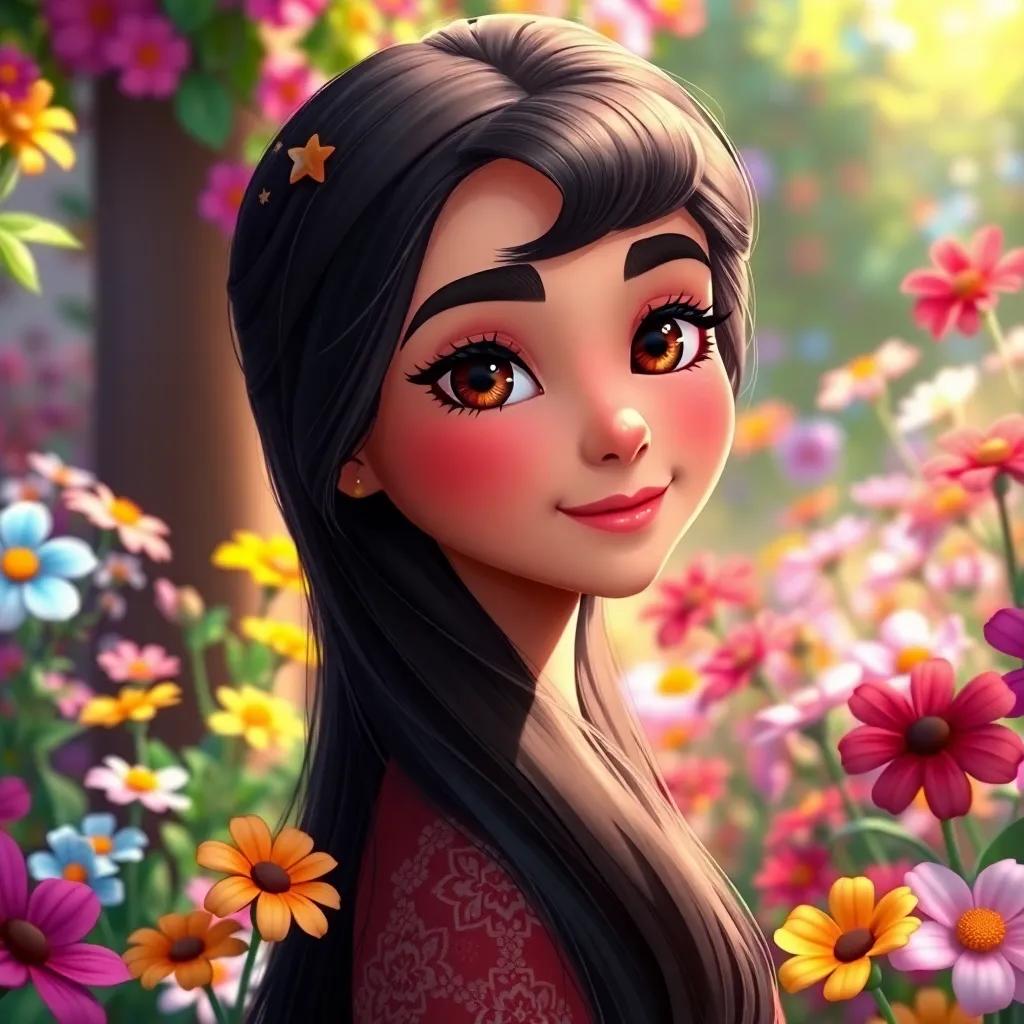 A beautiful Arab girl, Minya, with long dark hair and sparkling eyes, surrounded by colorful flowers in a bright garden, digital art, vibrant colors, cheerful atmosphere, high quality