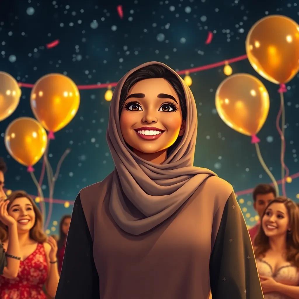 Minya, a young Arab woman, looking radiant and confident, celebrating her 21st birthday with friends in a starry night, balloons and laughter around, joyful scene, warm light, enchanting atmosphere, high quality