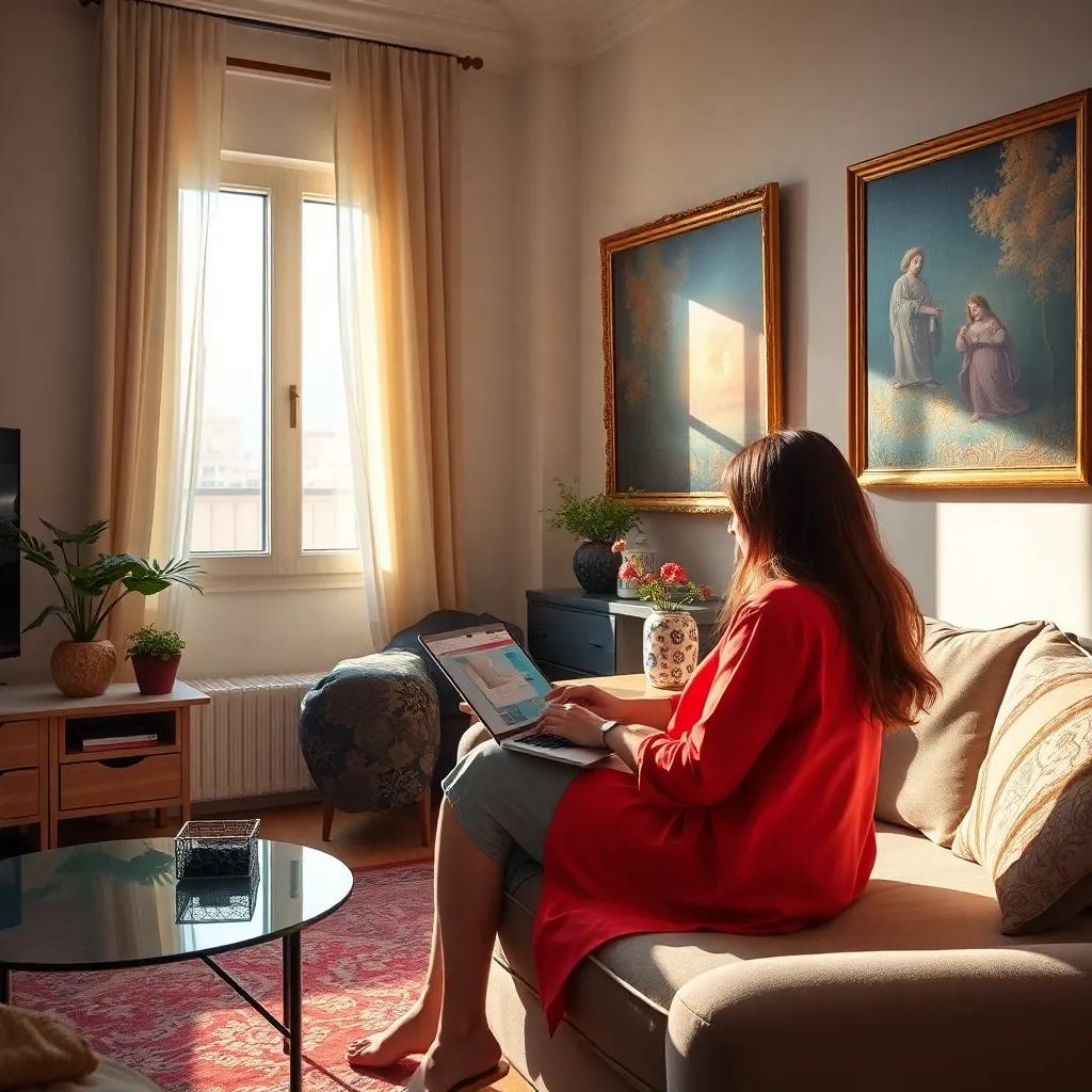 A cozy apartment in Zamalek, with bright colors and a modern design, showcasing Nora working on her graphic design project, warm light streaming in through the windows, digital art, vibrant, inviting atmosphere, high quality