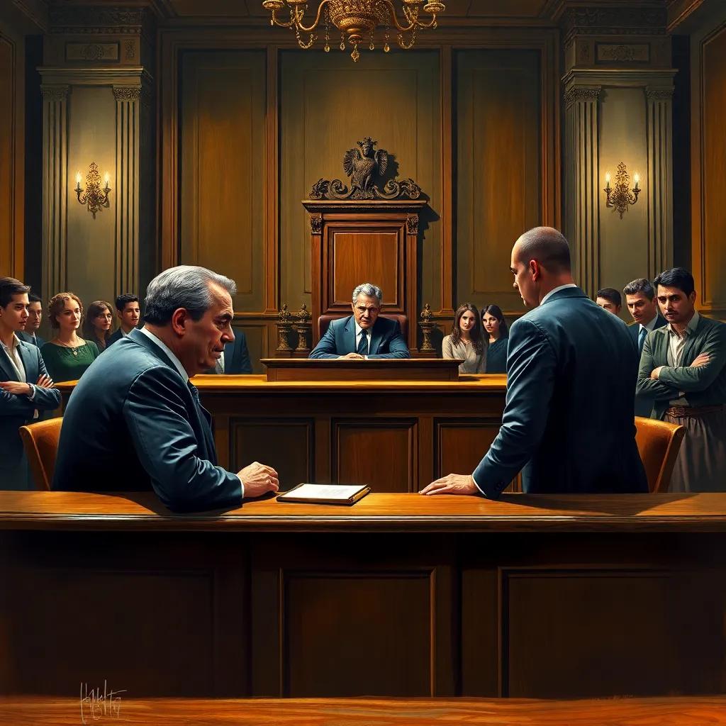 A lively courtroom scene with Judge Fahmy sitting at the bench, looking bored, while Nora and Karim face each other, surrounded by curious onlookers, dramatic lighting, tense atmosphere, high quality