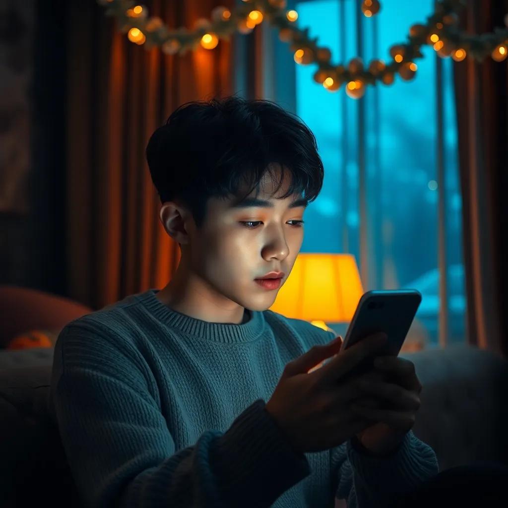 A Korean boy, Lee Jihoon, looking at his phone in a cozy dark hotel room with winter decorations around, a soft light illuminating his face, showing deep contemplation, digital art, emotional and engaging, warm colors, intimate atmosphere, high quality