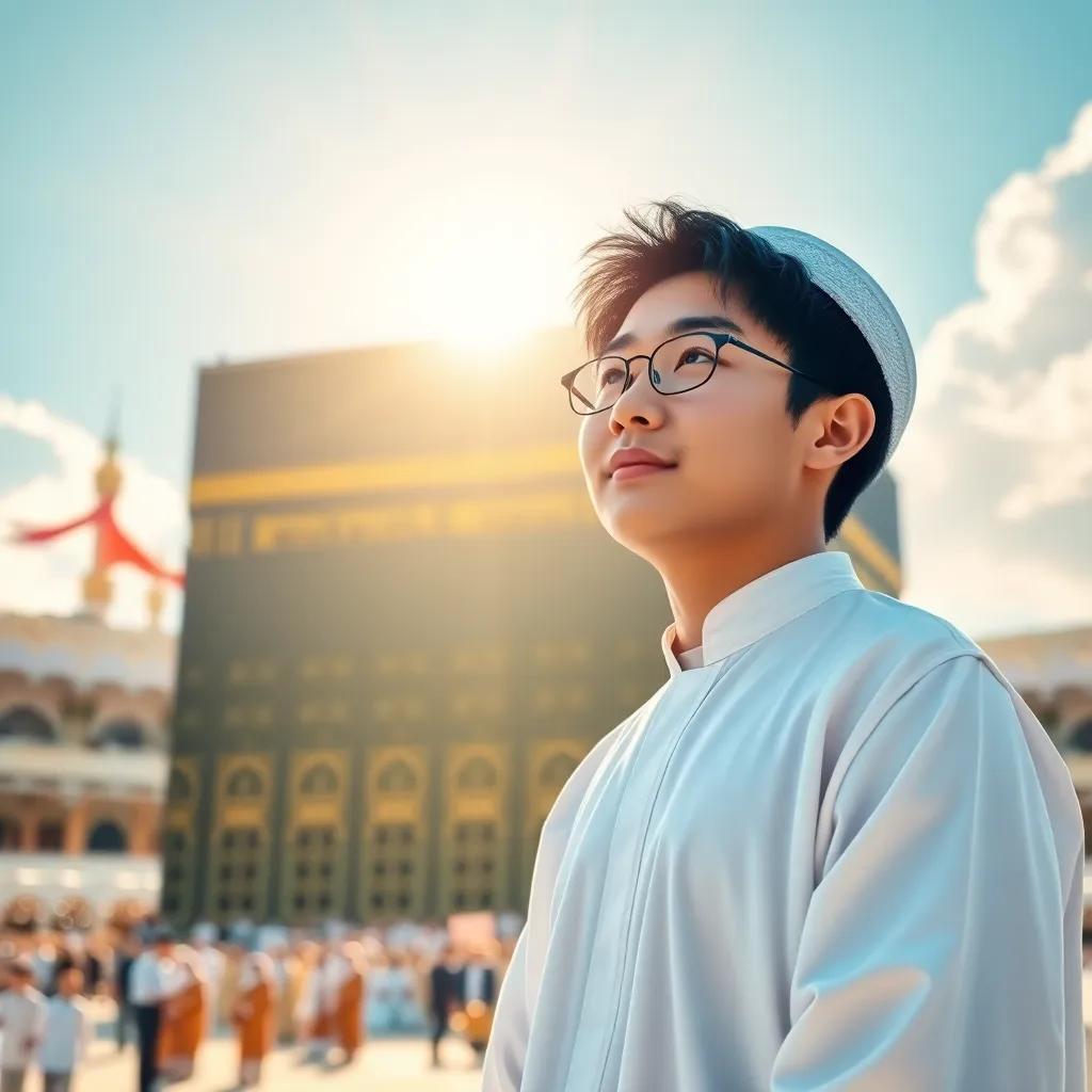 A Korean young man, Lee Jihoon, wearing traditional Islamic clothing, standing in front of the Kaaba in Mecca, with a look of awe and peace on his face, bright sunlight over the sacred site, illustration, spiritual and uplifting, vibrant colors, wide angle
