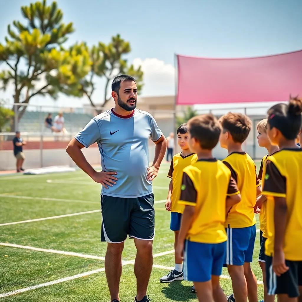 A sunny day at a sports field, coach Sami, an Arab man in his late 30s, wearing a sports shirt and shorts, talking passionately to a group of young athletes, vibrant colors, engaging scene, high quality