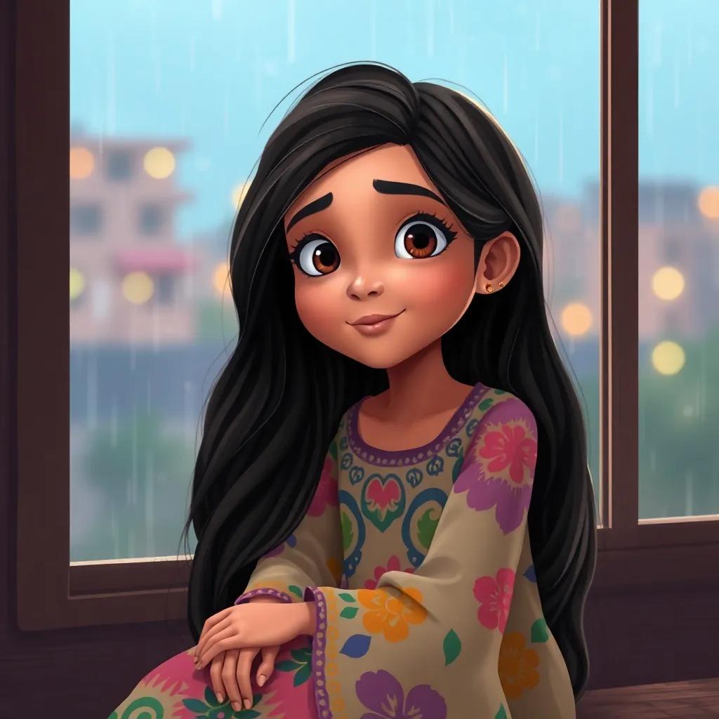 A young Arab girl, Maha, with long, dark hair, wearing a colorful dress, sitting by a window with rain pouring outside, looking hopeful, digital art, warm colors, cozy atmosphere, high quality