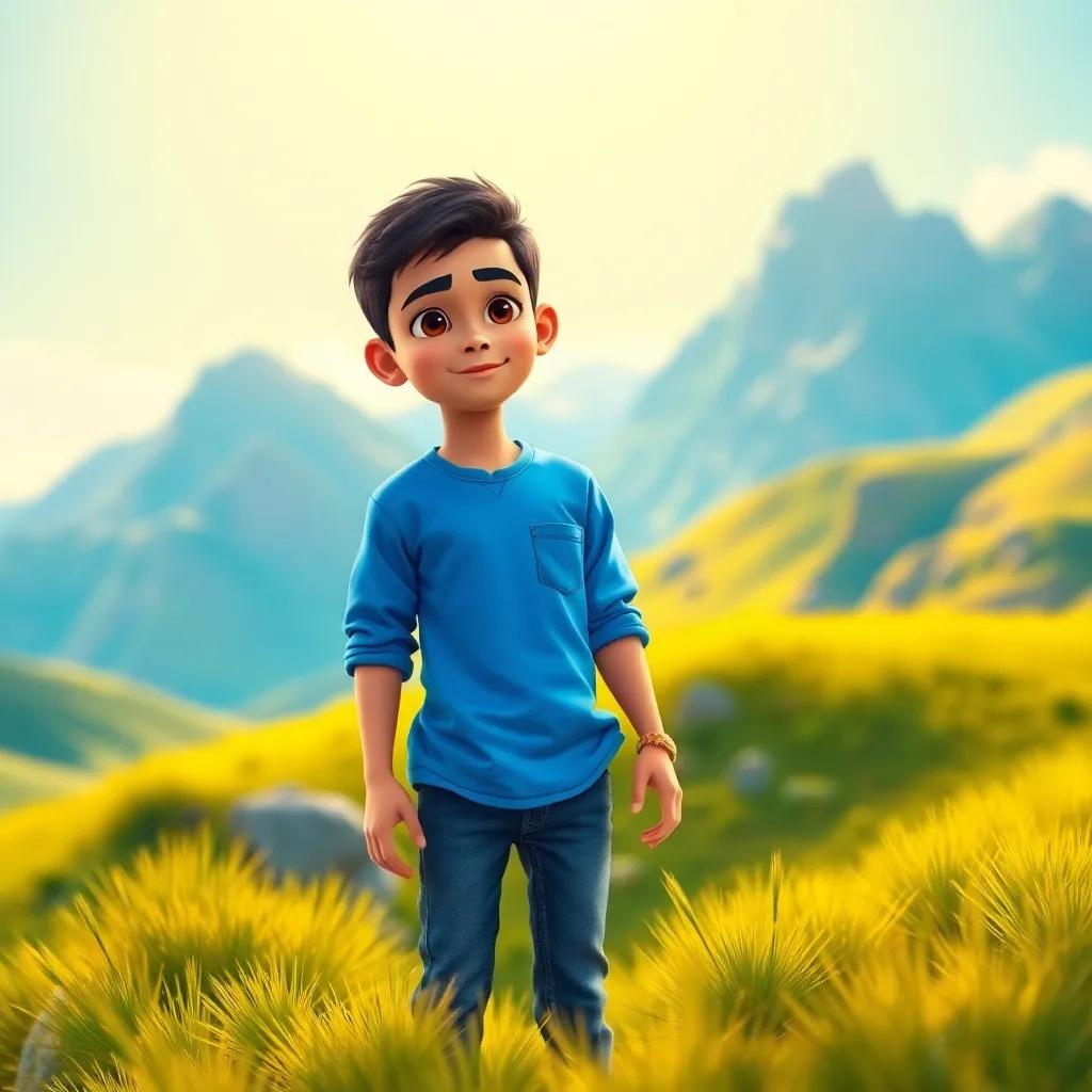 A young Arab boy, Sami, with short black hair wearing a bright blue shirt and jeans, standing on a green hill with mountains in the background, looking determined and hopeful, digital art, vibrant colors, sunny atmosphere, high quality