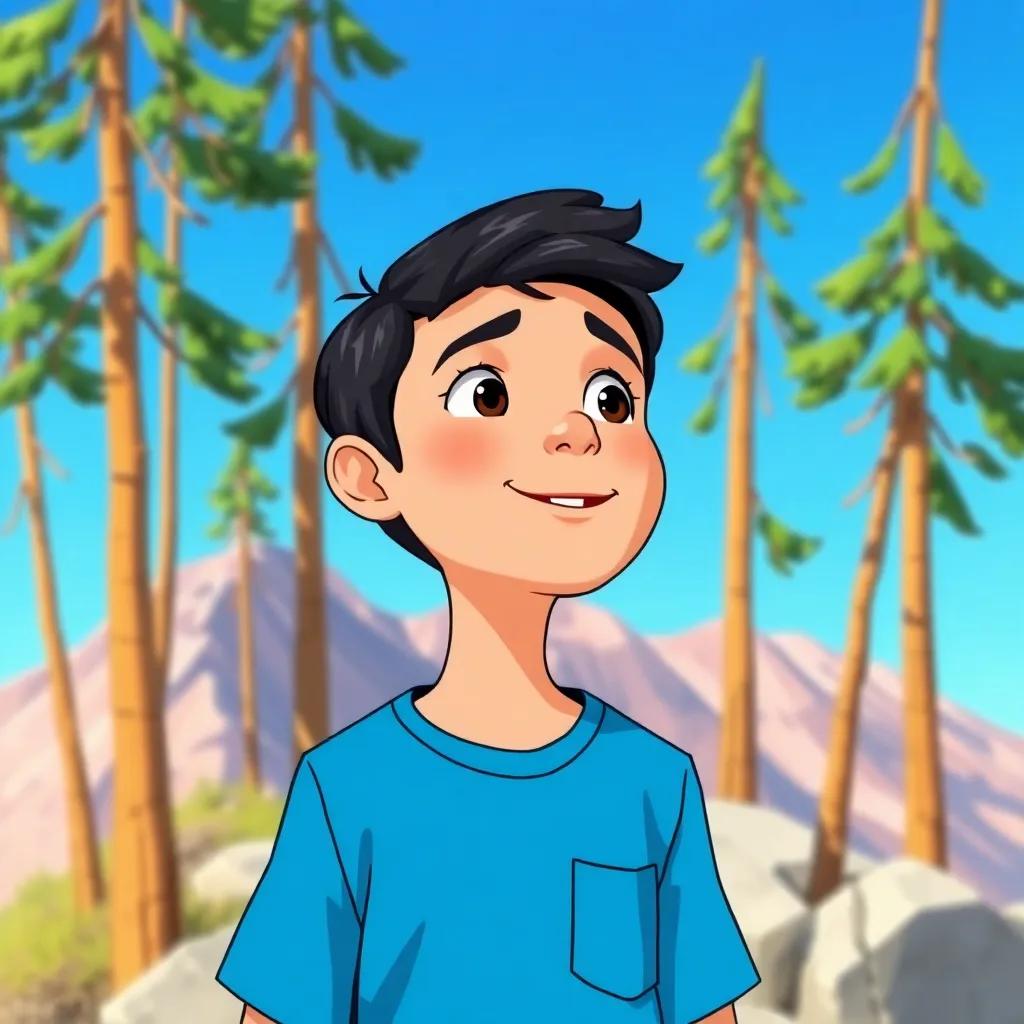 Sami, a young Arab boy with short black hair in a bright blue shirt, listening to the wind on a mountain top, surrounded by tall trees and a clear blue sky, illustration, cheerful, uplifting, child-friendly
