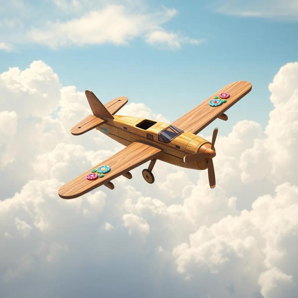 A small wooden airplane crafted by Sami, with colorful decorations, flying high in the sky, against a backdrop of fluffy white clouds, digital painting, realistic, inspiring