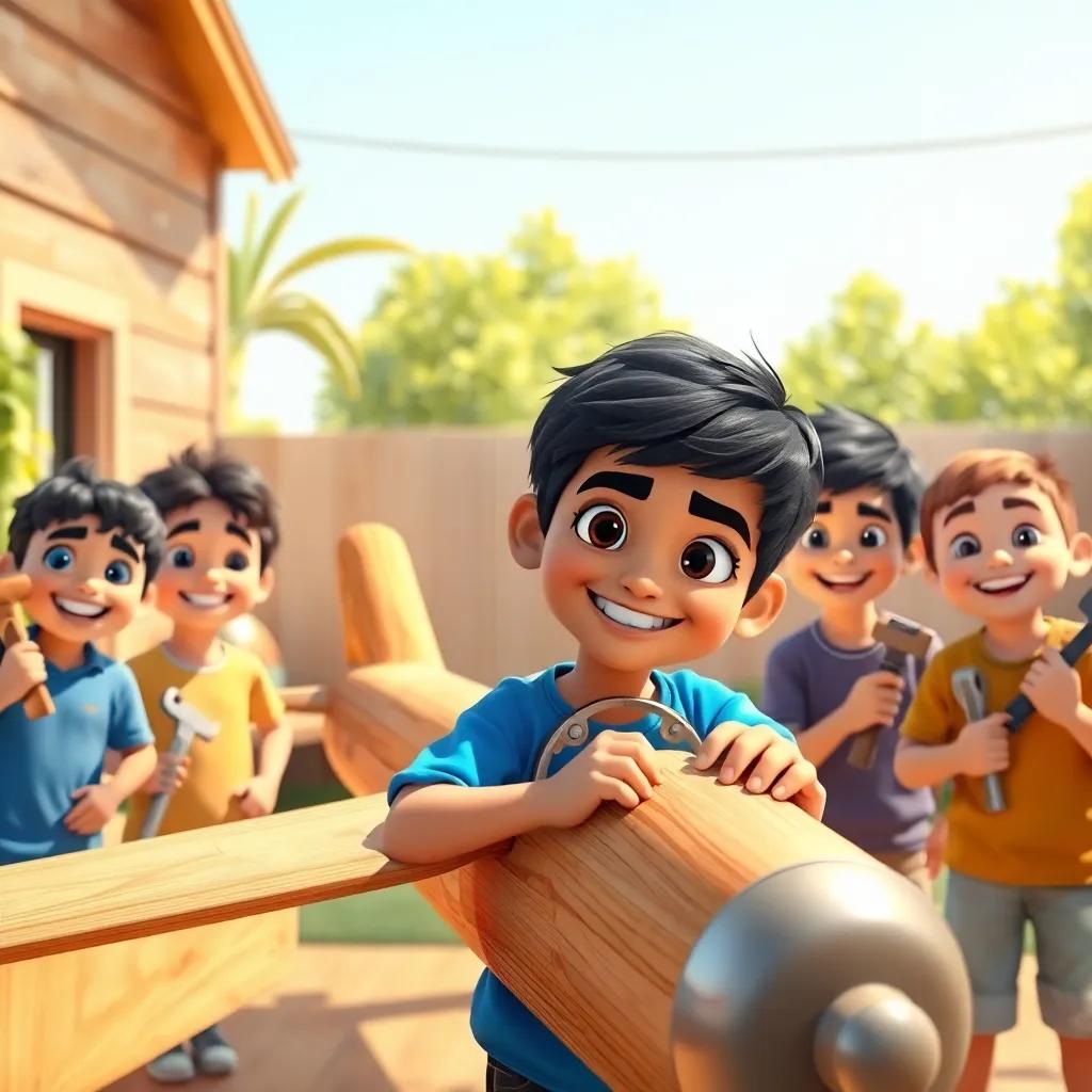Sami, a young Arab boy with short black hair wearing a bright blue shirt, surrounded by his friends, all smiling and holding various tools, working on a wooden airplane in a sunny backyard, warm colors, joyful atmosphere, child-friendly