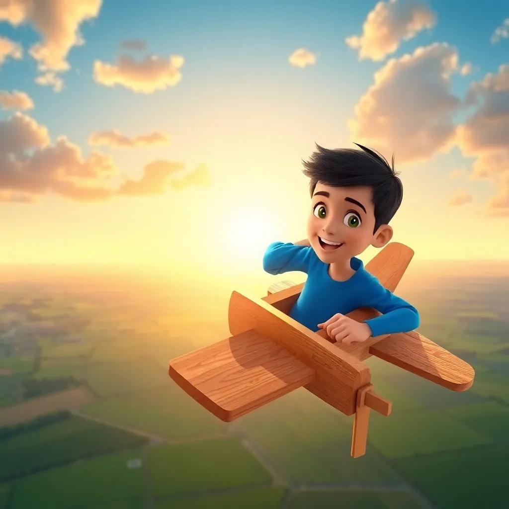 Sami, a young Arab boy with short black hair in a bright blue shirt, flying in his wooden airplane high above the green fields, with the sun setting in the background, symbolizing achievement and dreams, breathtaking view, colorful, uplifting