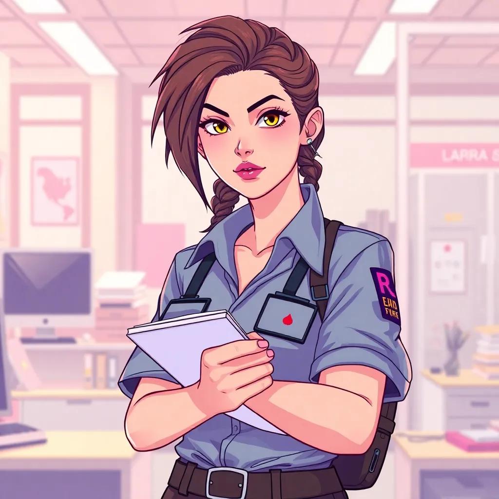 A brave female officer, Lara, preparing for her mission with determination, wearing casual clothes, holding a notepad, inside a bright office space, digital art, vibrant colors, confident atmosphere, high quality