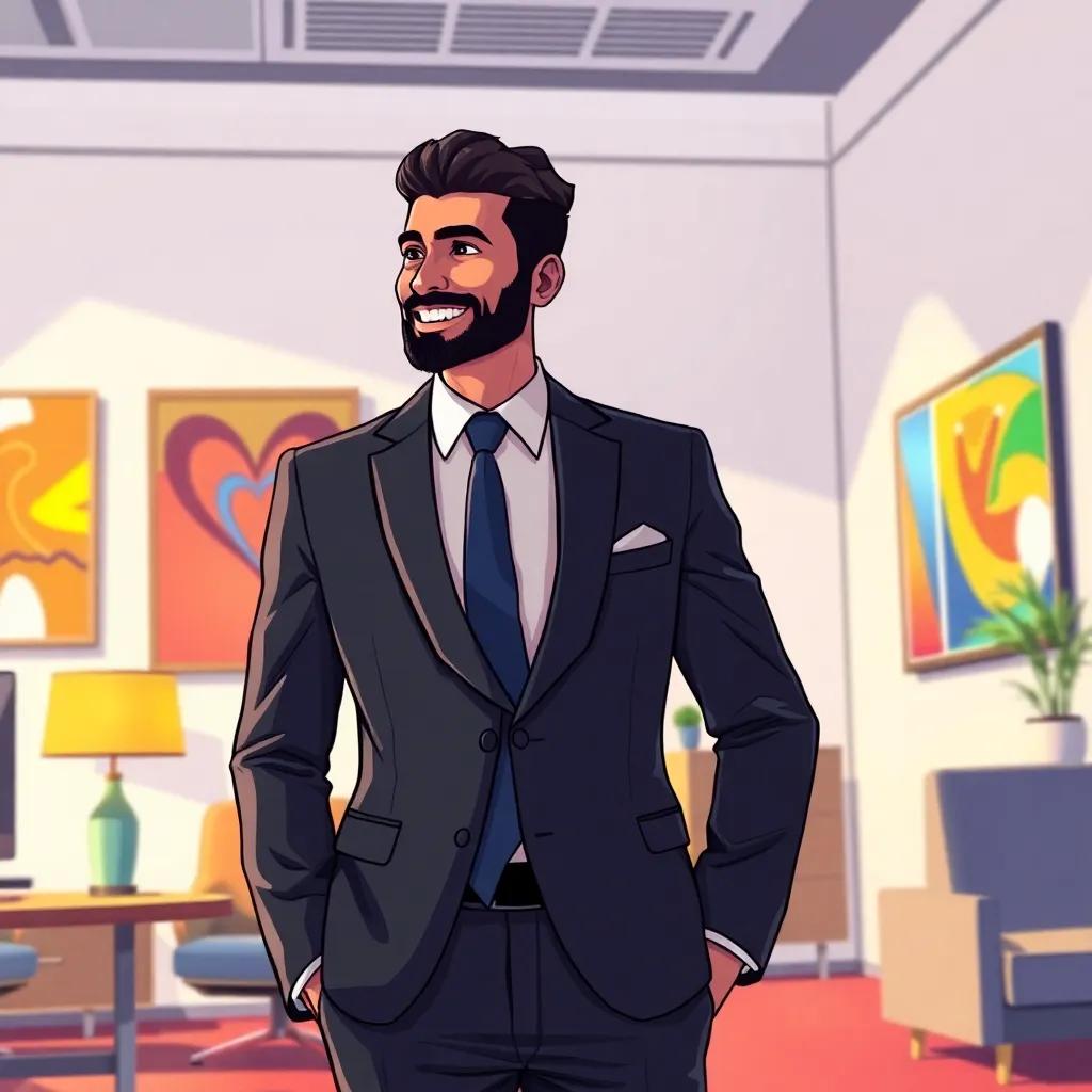A handsome businessman, Yaseen Al-Ansari, in a sharp suit, smiling at Lara, standing in an office with modern furniture, colorful paintings on the wall, illustration, professional setting, warm light, engaging view, child-friendly