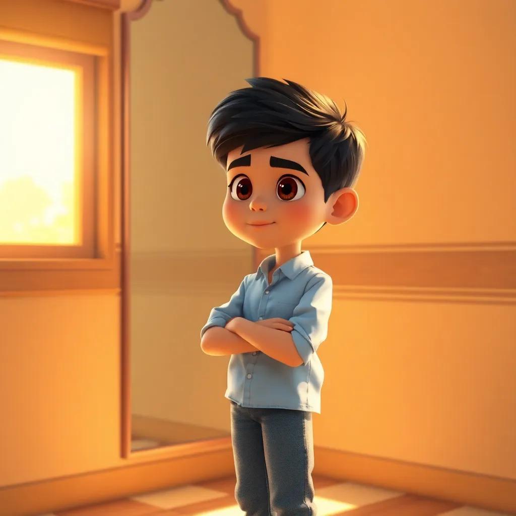 A boy named Sami, a young Arab boy, with short black hair, wearing a light blue shirt and jeans, standing nervously in front of a mirror, bright sunlight shining through the window, digital art, warm colors, uplifting atmosphere, high quality