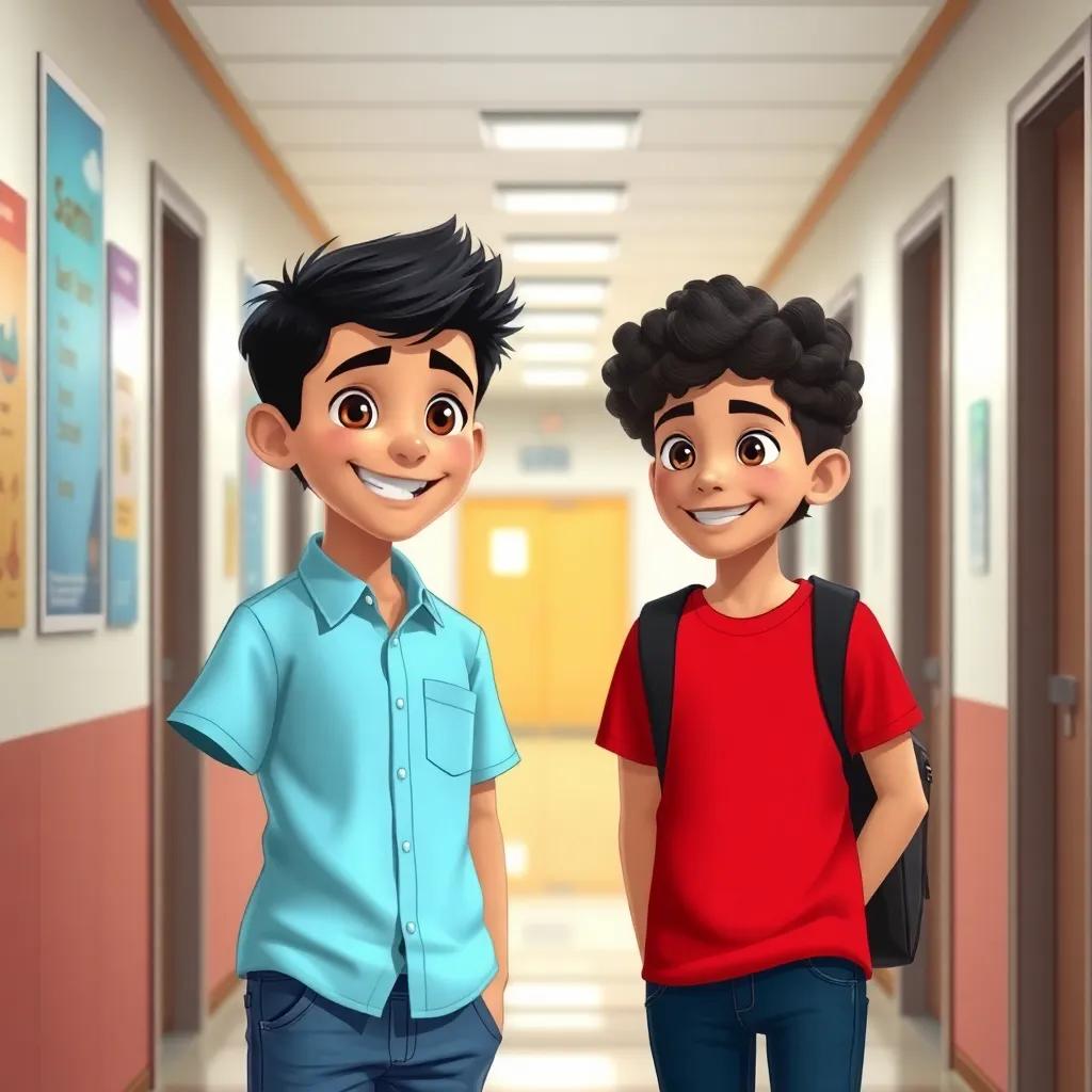 Sami, a young Arab boy, with short black hair, wearing a light blue shirt and jeans, talking with his friend Karim, who has curly hair and wears a red t-shirt, in a school hallway, friendly smiles, bright colors, energetic scene, digital art, high quality