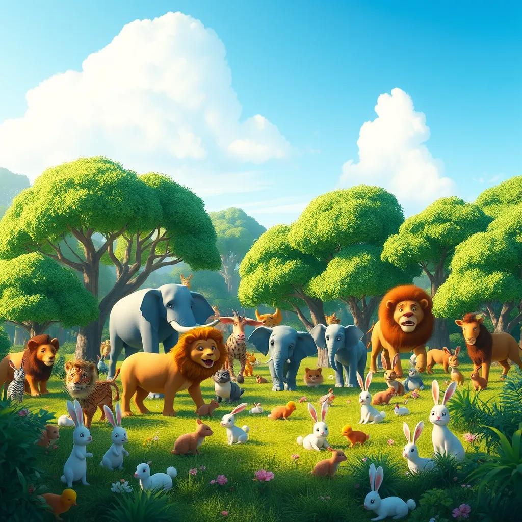 A vibrant green forest filled with various animals, like elephants, lions, and rabbits, gathered in a clearing under a blue sky, digital art, colorful, cheerful atmosphere, high quality
