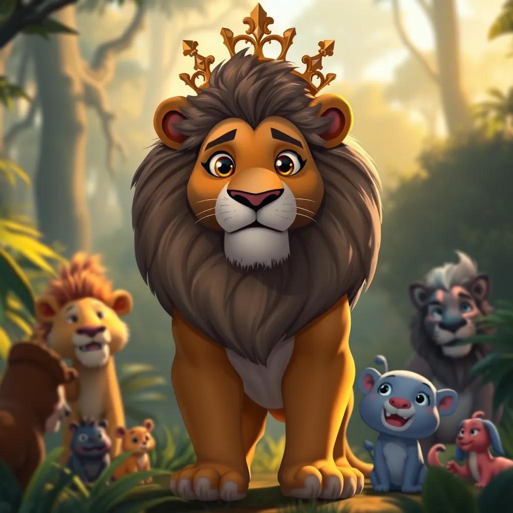 A majestic lion, the king of the jungle, standing proudly in the forest, wearing a golden crown, with a confident expression, surrounded by friendly animals, illustration, warm light, inviting setting