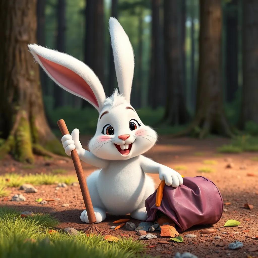 A friendly rabbit, with soft white fur and long ears, enthusiastically cleaning up litter in the forest clearing, with a bright smile on its face, colorful, cartoon-style, cheerful, engaging