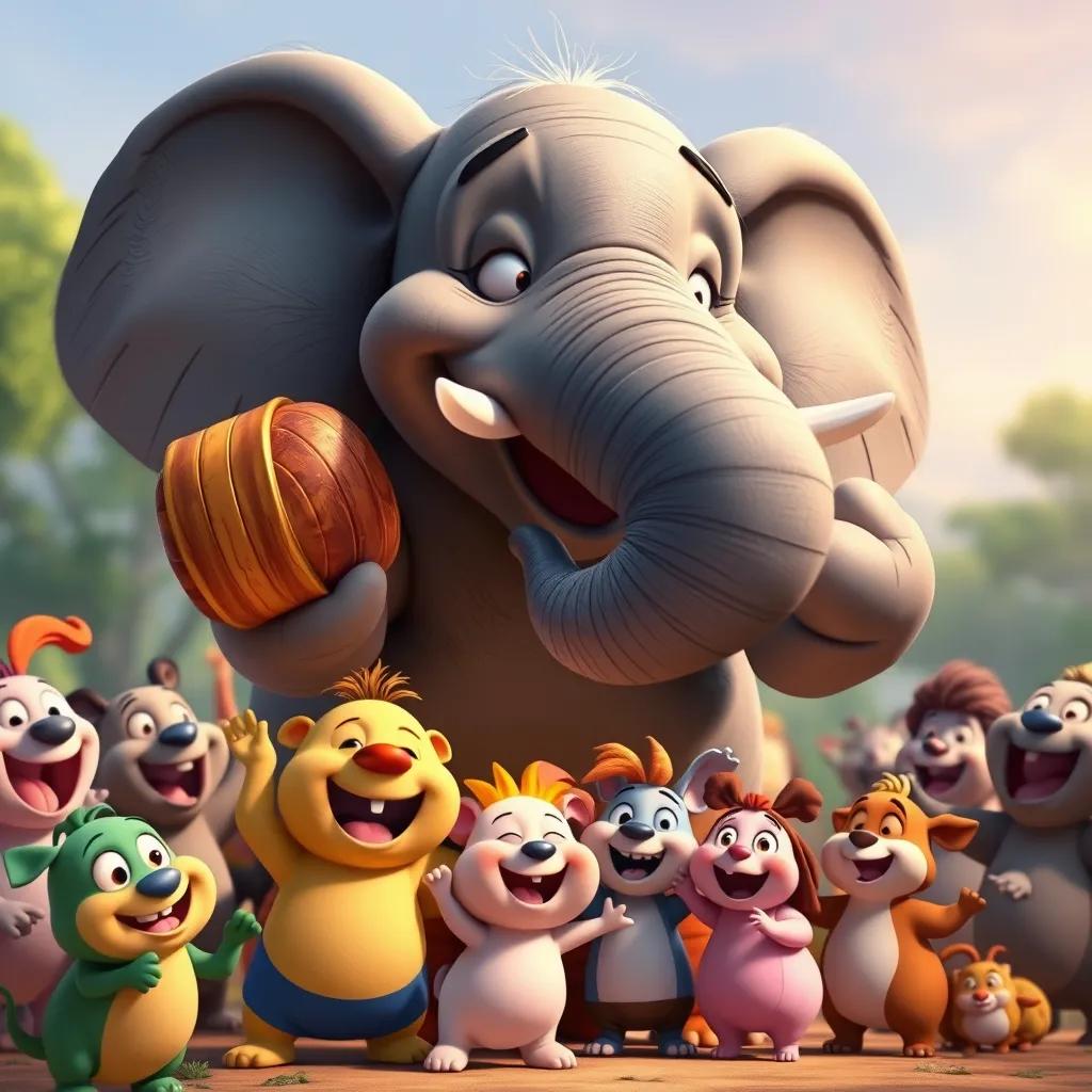 A strong elephant, with gray skin and large ears, lifting heavy objects with his trunk, surrounded by smiling animals cheering him on, joyful scene, vibrant colors, heartwarming