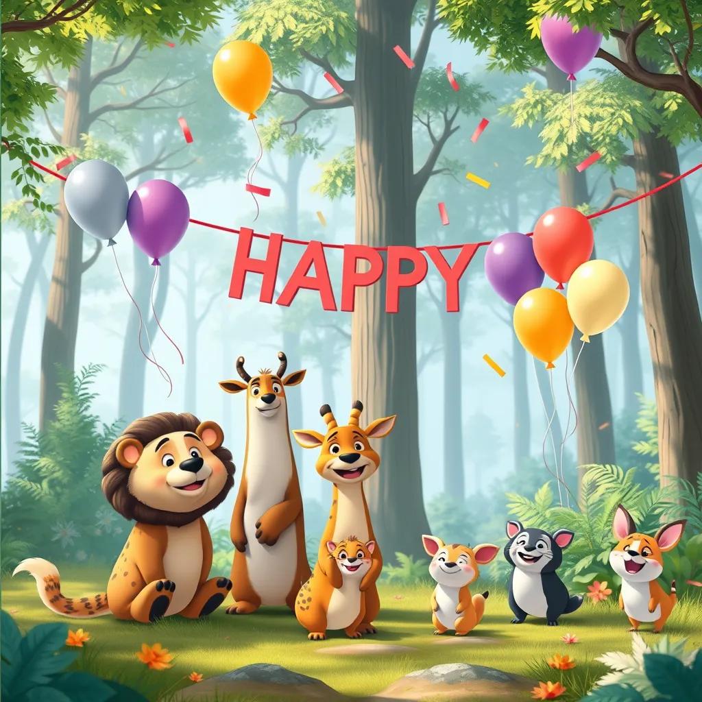 All animals together in a clean and beautiful forest clearing, celebrating their teamwork, with balloons and streamers, everybody is happy and smiling, festive atmosphere, bright colors, celebration