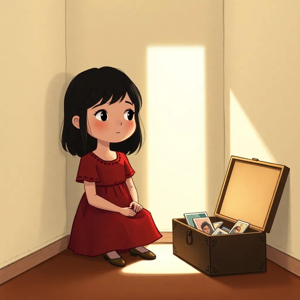 Moza, a small girl with dark hair in a red dress, sitting alone in a small room with a dusty old box filled with photos, soft sunlight casting gentle shadows, melancholy mood, illustration, warm colors, emotional focus, storytelling view