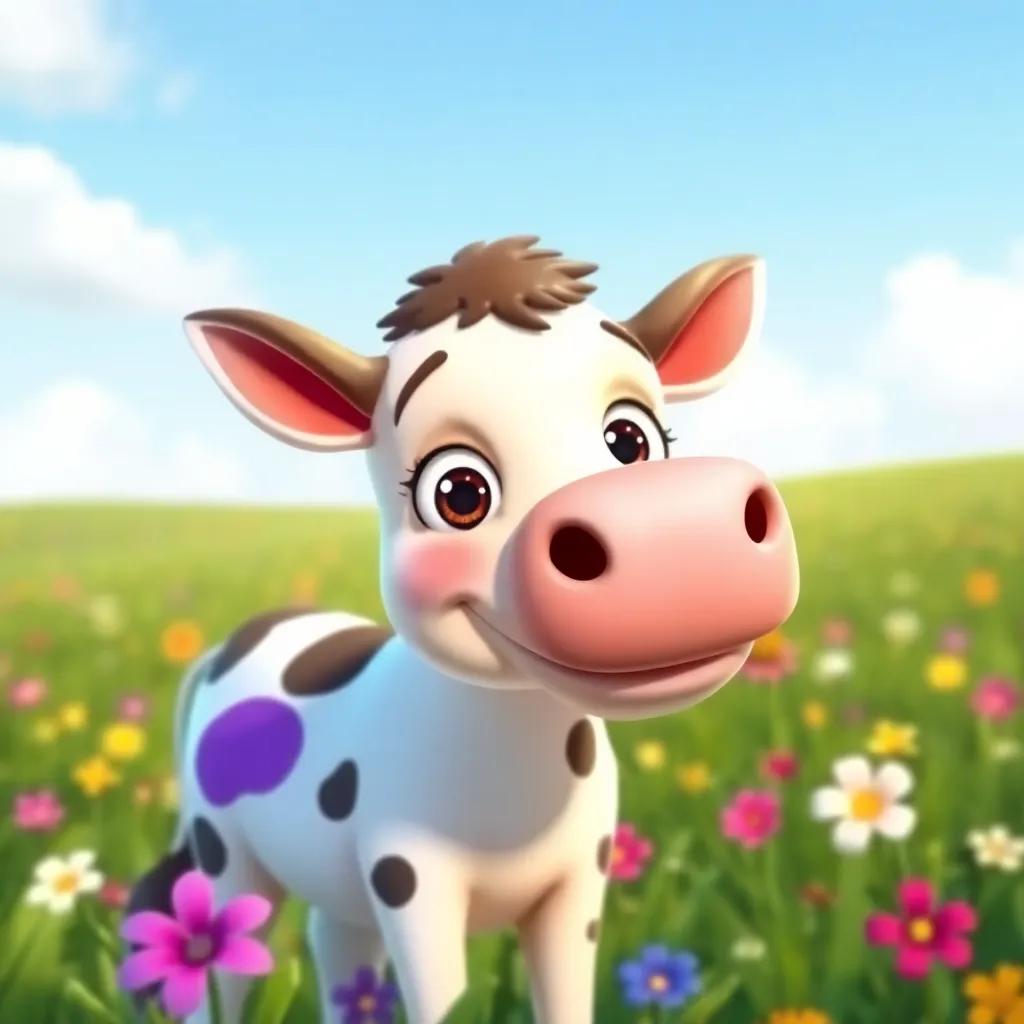 A happy cow named Moozika, with large expressive eyes and a purple patch on her side, standing in a green field with colorful flowers, bright sunlight, vibrant colors, whimsical style, cheerful atmosphere, digital art, high quality