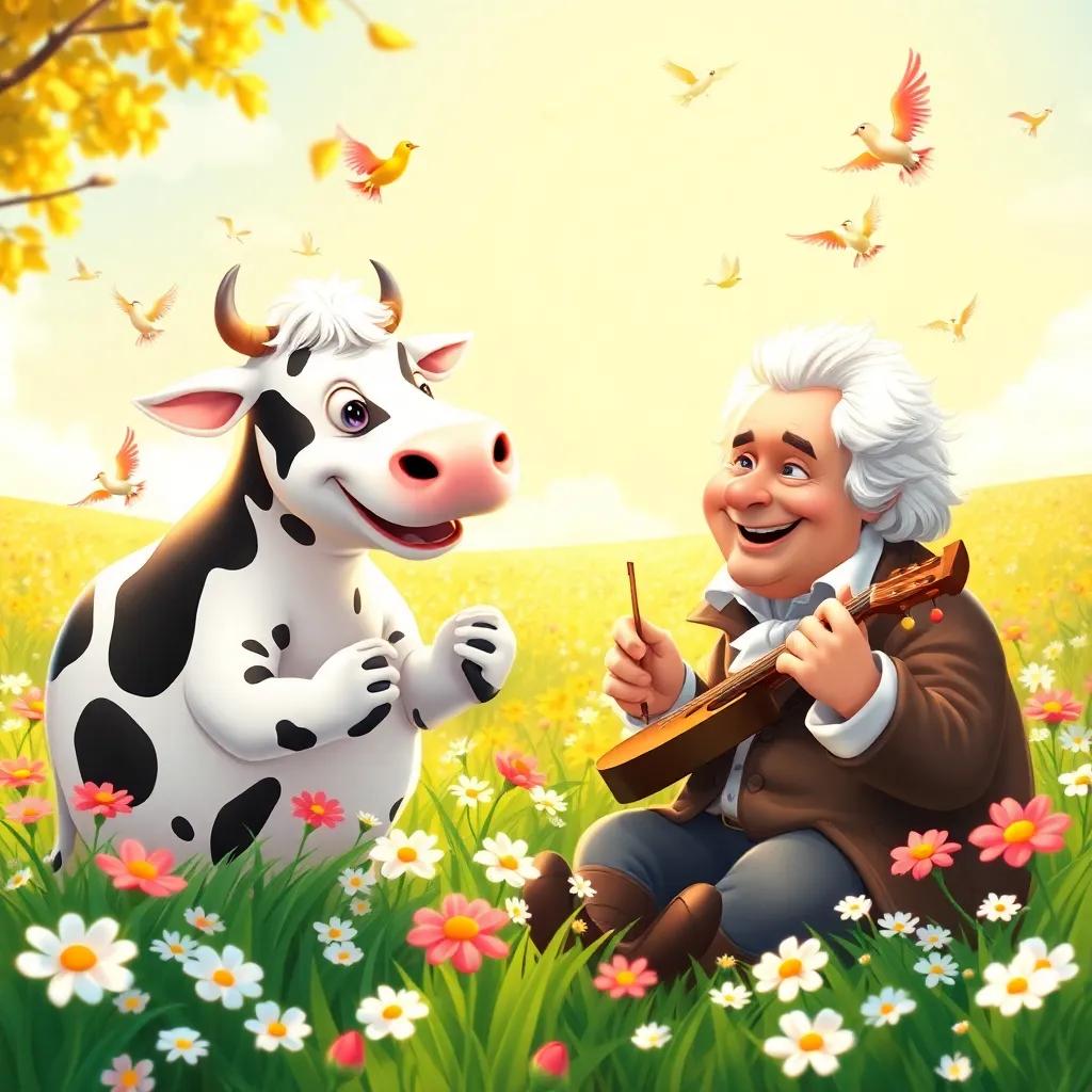A lovely scene of Moozika the cow and Beethoven, a friendly older man with white hair and a warm smile, happily playing music together in a flowery field, surrounded by dancing birds and shining sunshine, joyful and lively setting, illustration, enchanting vibe, high quality