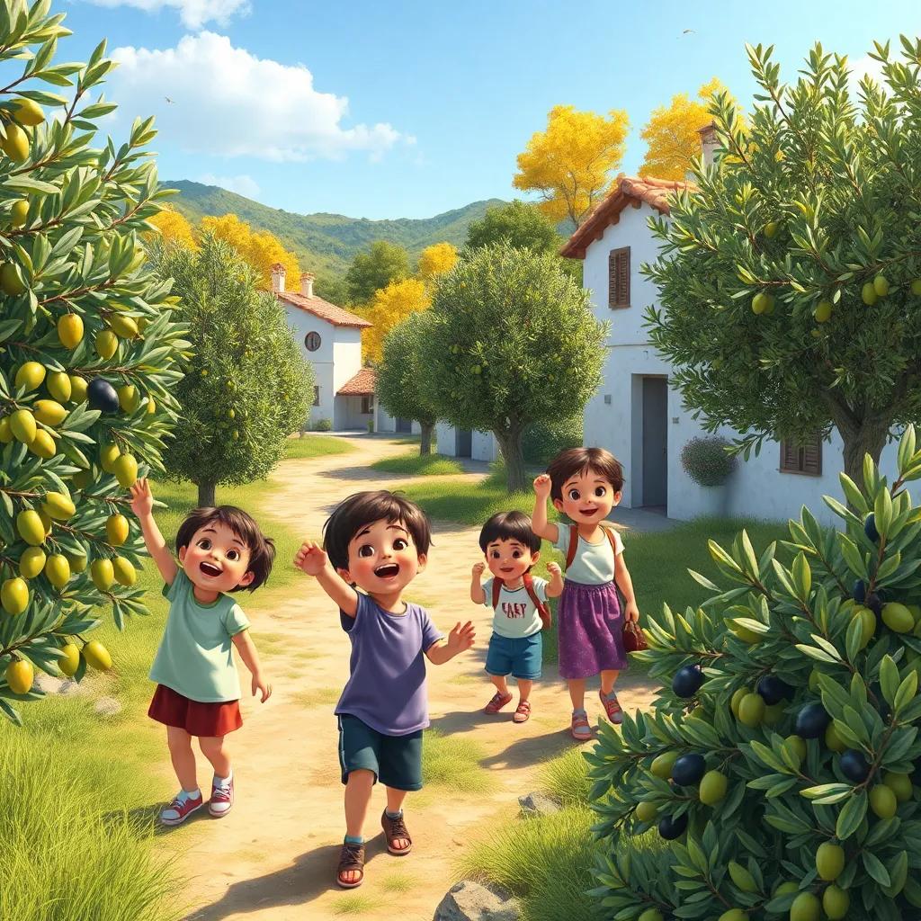 In a beautiful village during olive harvest season, children excitedly picking green and black olives from trees, sunny day, colorful trees, digital art, vibrant colors, cheerful atmosphere, high quality