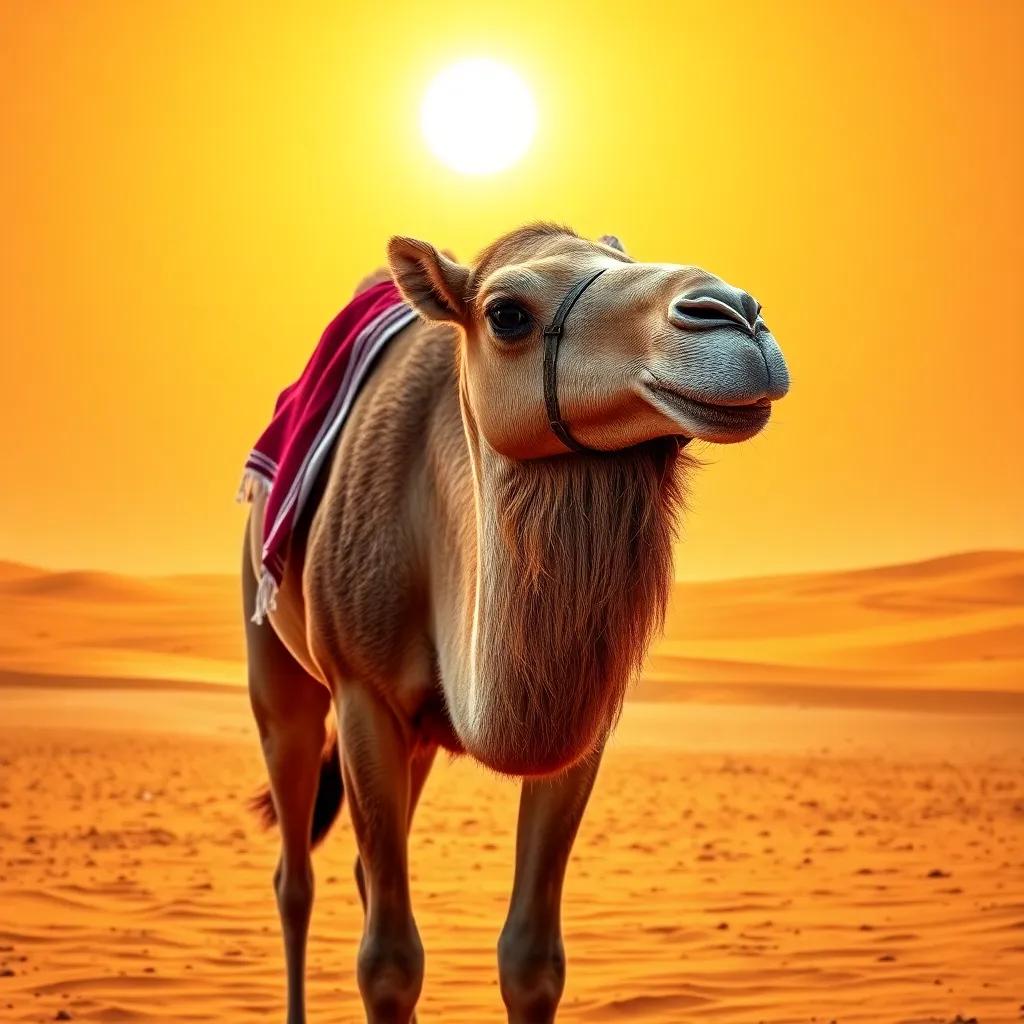 A strong Saudi camel with a big hump, standing proudly in the hot desert under a bright sun, digital art, warm colors, vibrant desert scene, detailed, high quality