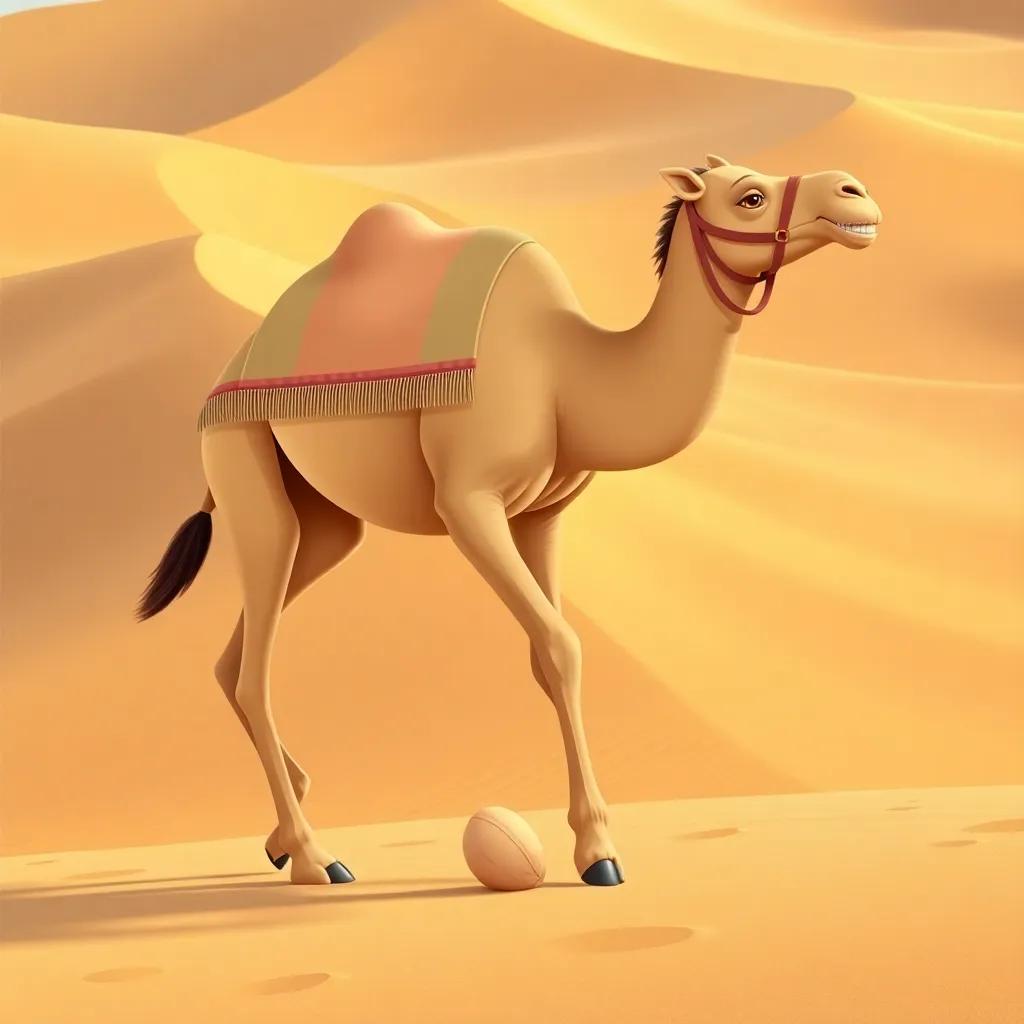 A Saudi camel walking on soft sand, showing its large, strong legs, with a background of golden dunes, illustration, cheerful and educational, child-friendly