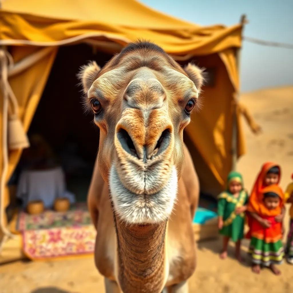 A brown or gray Saudi camel with big, gentle eyes, standing next to a desert tent, with children playing nearby, colorful, inviting atmosphere, high-quality