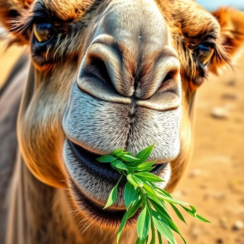 A close-up of a Saudi camel munching on green grass and leaves, showcasing its unique features and gentle nature, vibrant and detailed illustration
