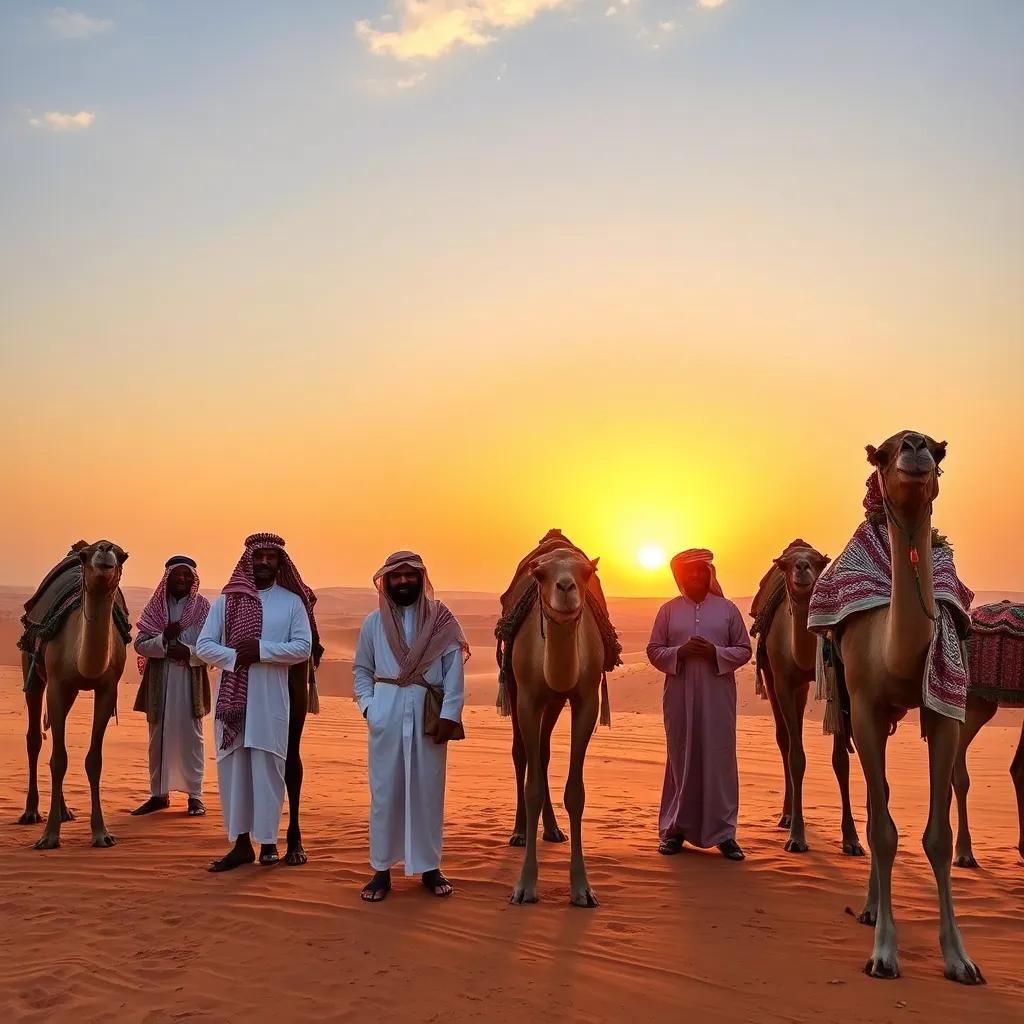 A cultural scene in Saudi Arabia with several camels and their owners dressed in traditional clothing, set against a beautiful desert sunset, heartwarming, rich colors, storytelling view