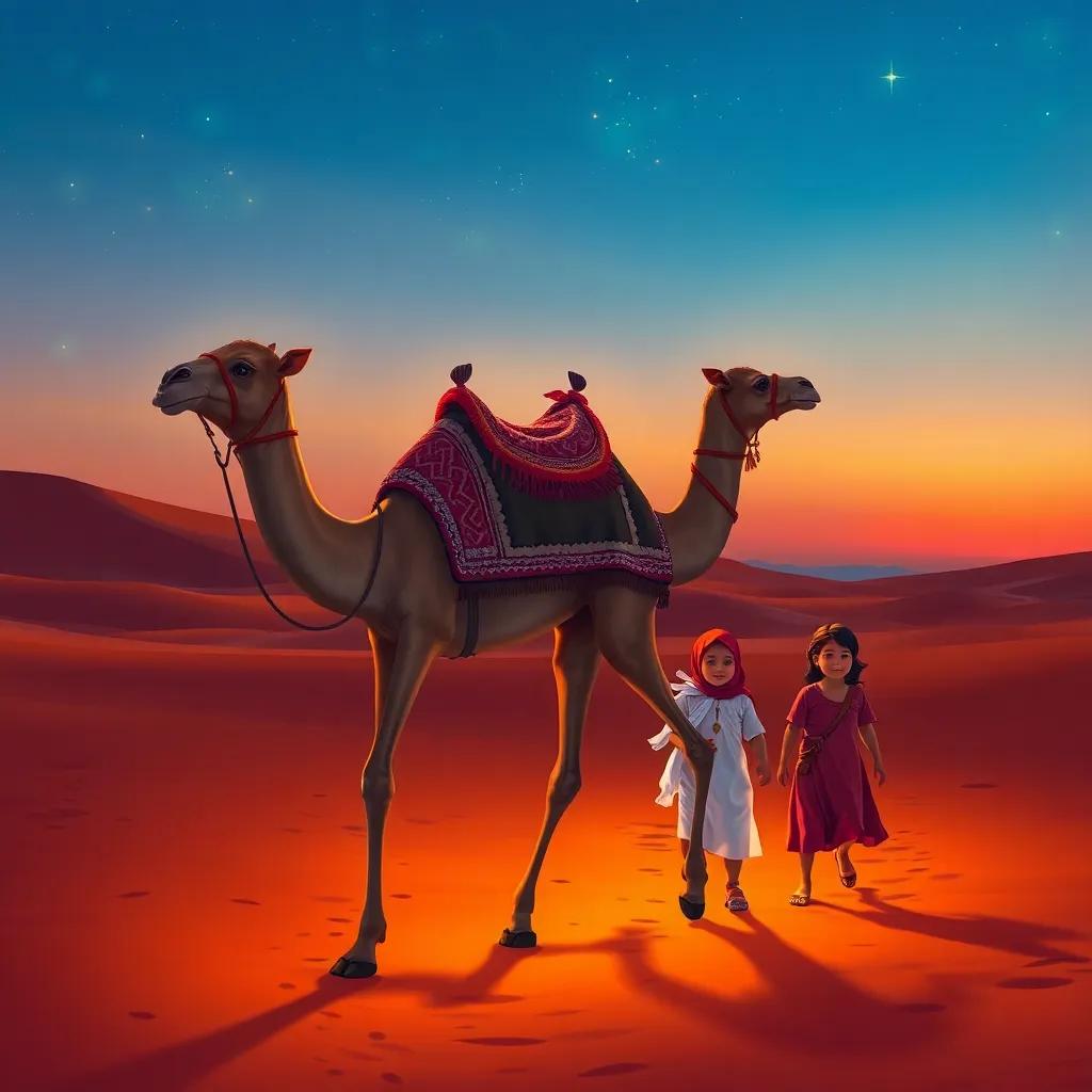 A young Saudi camel walking alongside children on a desert path at dusk, with stars starting to twinkle in the sky, magical and enchanting atmosphere, colorful illustration