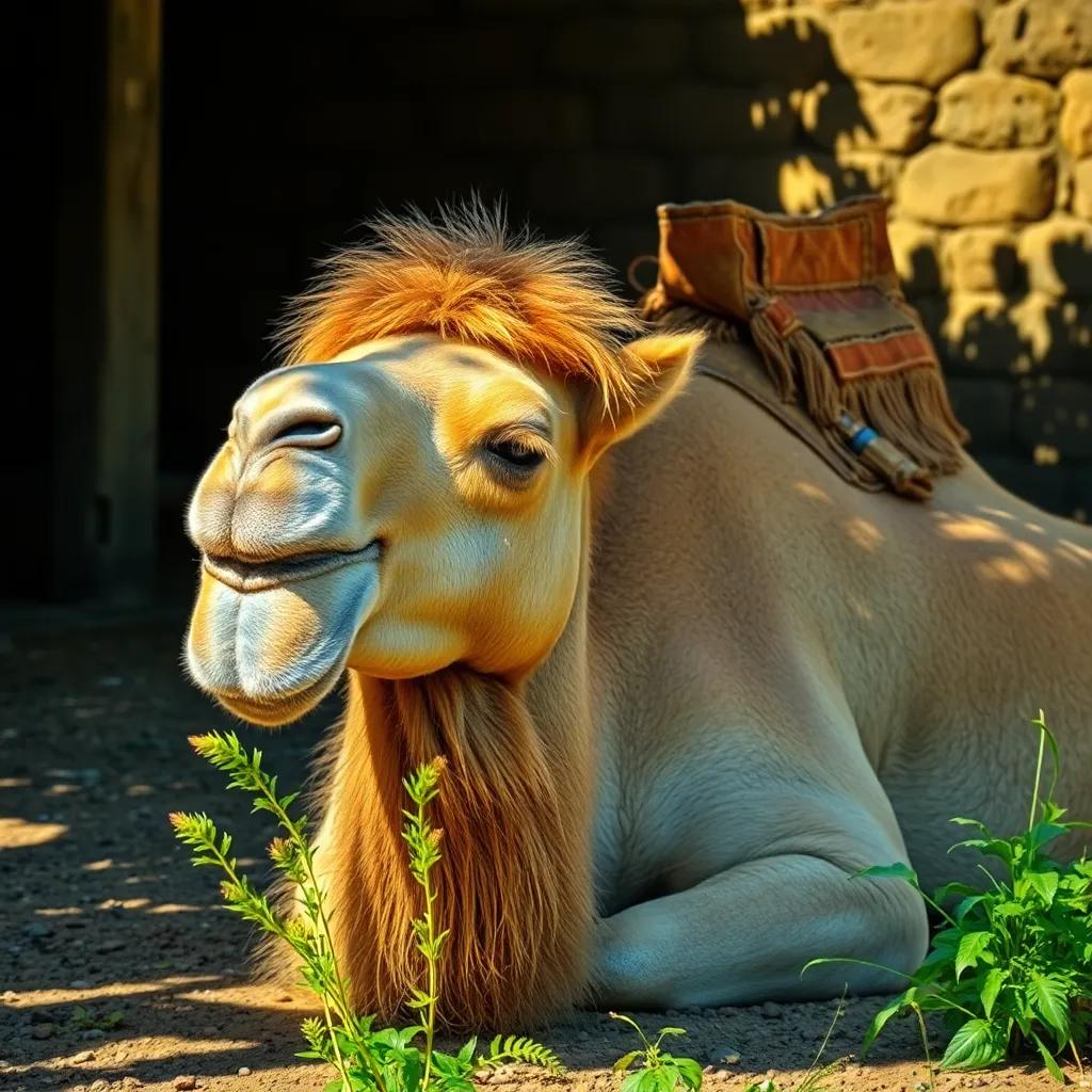 A serene camel resting peacefully in a shaded area, showing its calm demeanor, with some plants around, high-quality, vibrant colors to show life