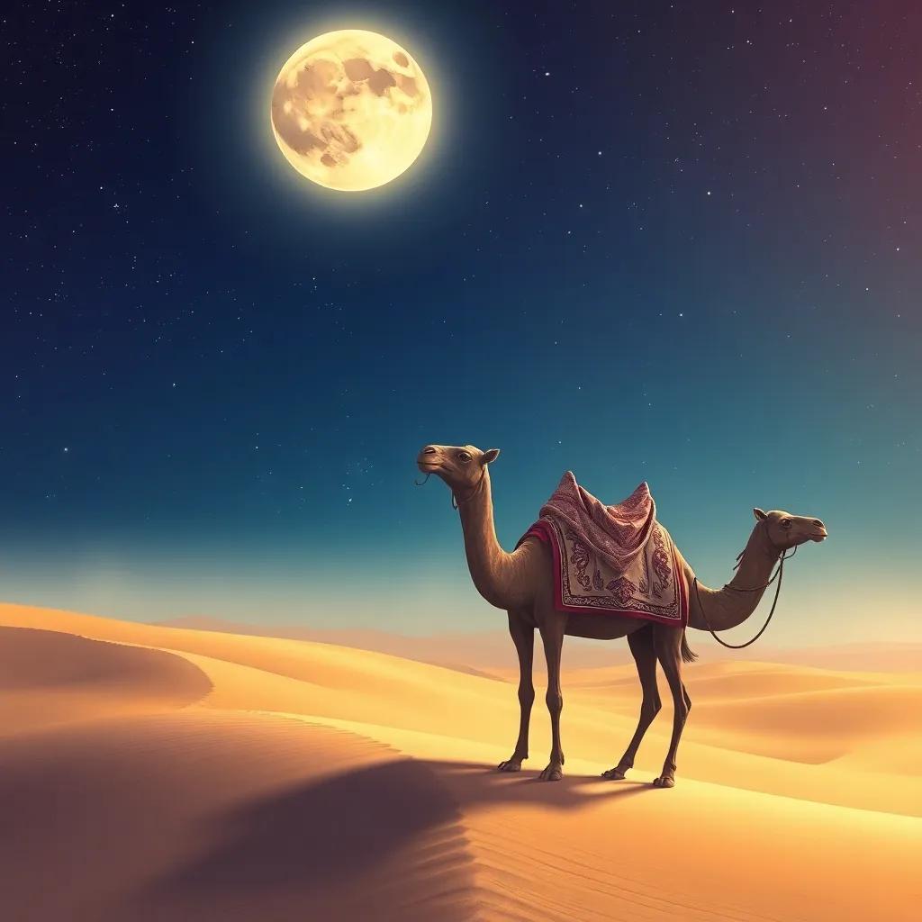 A Saudi camel under a glowing moon in the night sky, surrounded by twinkling stars and soft desert sands, dreamy and magical illustration, captivating