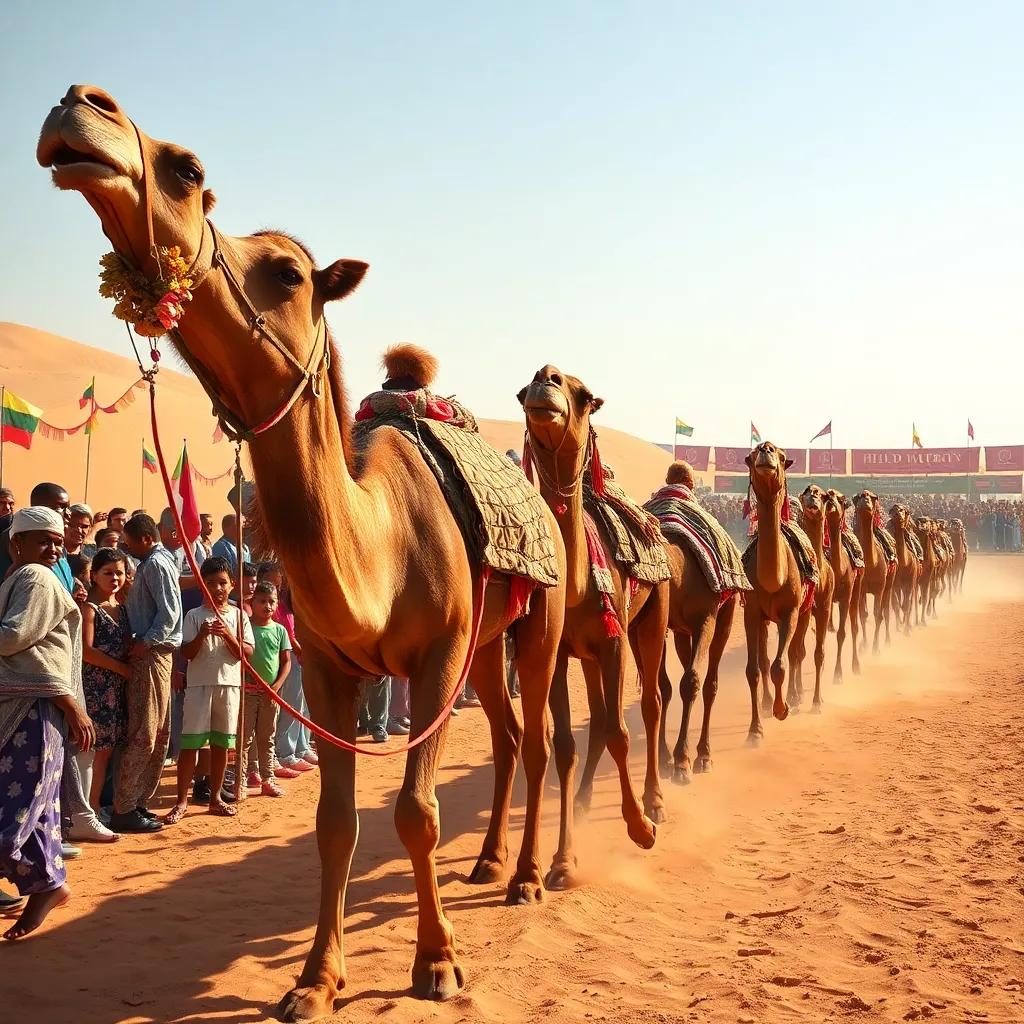 An exciting camel race event in the desert, with children cheering and colorful banners in the background, dynamic and lively, high quality
