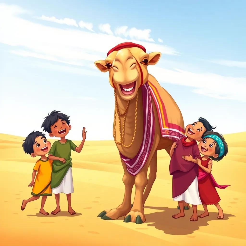 A Saudi camel with children laughing and playing around it, symbolizing friendship and joy in the desert, bright and colorful illustration, heartwarming