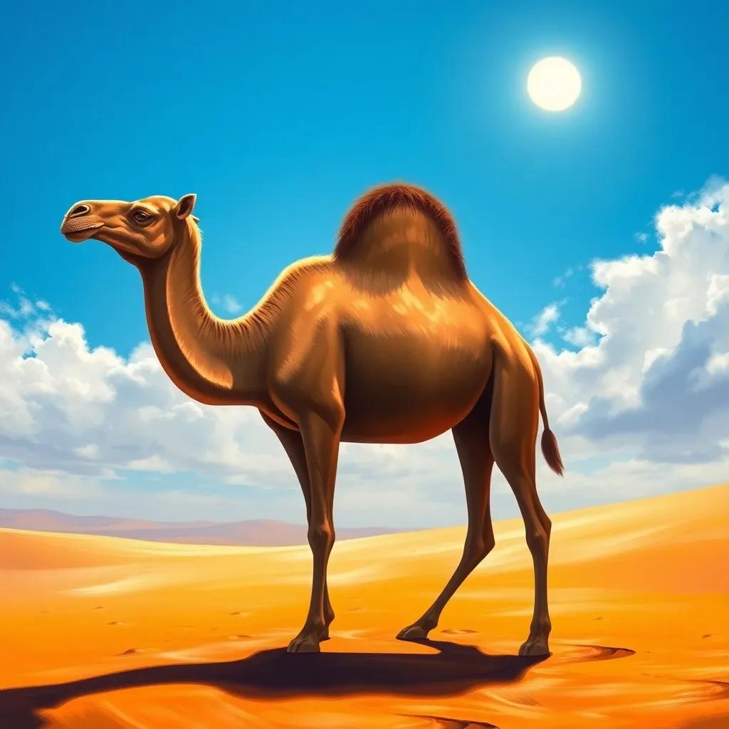 A camel standing in the desert with a big hump on its back, under a bright blue sky, sun shining, digital art, detailed, vibrant colors, warm atmosphere, high quality