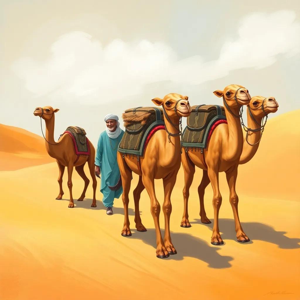 A group of camels walking together in a caravan through sand dunes, with their owner guiding them, lively scene, cheerful color palette, child-friendly illustration